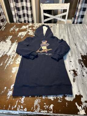 Polo Ralph Lauren Girls Polo Bear Skiing Fleece Hoodie Dress Navy Blue Size M (8